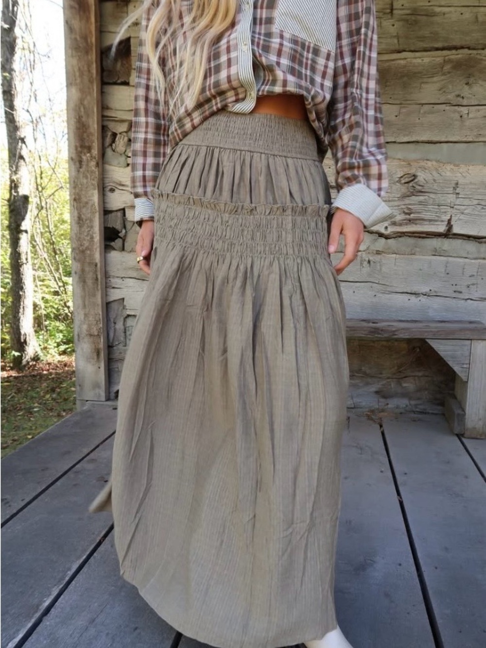 Women's Olive-Tan Crinkled Maxi Skirt